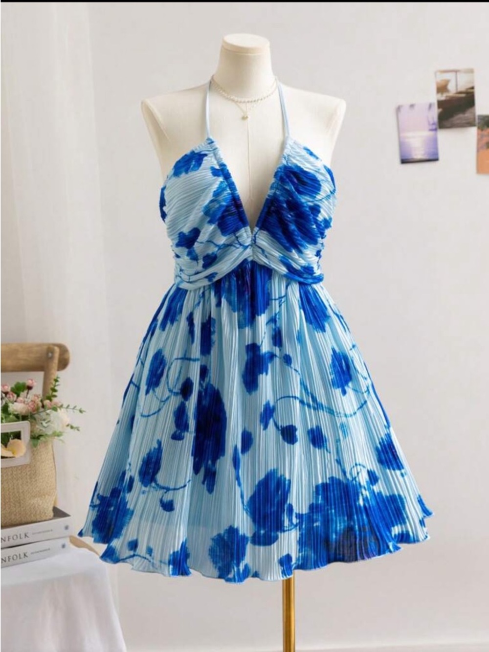 Blue Floral Pleated Halter Mini Dress